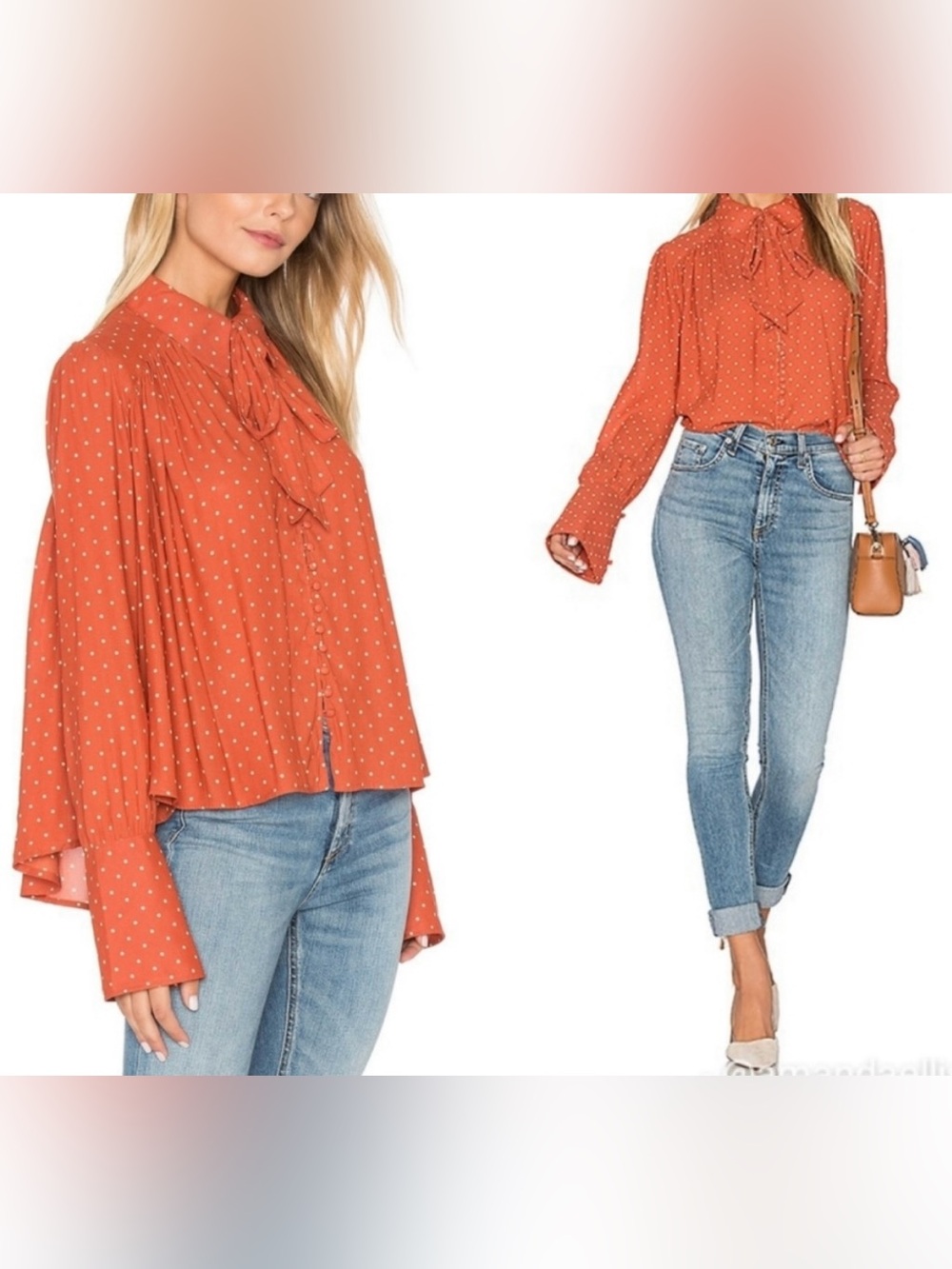 Free People Rust Polka Dot Tie-Neck Oversized Blouse - Size XS